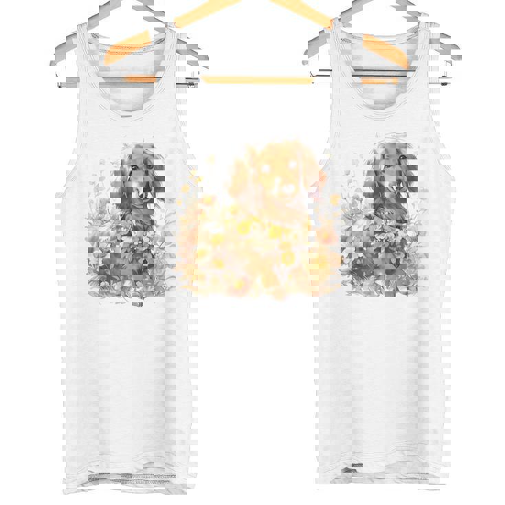 クリーム色の花のダックスフント 愛らしいミニドキシー犬 タンクトップ