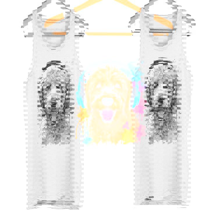 ゴールデンドゥードル、ヘッドフォン、犬、動物プリント タンクトップ