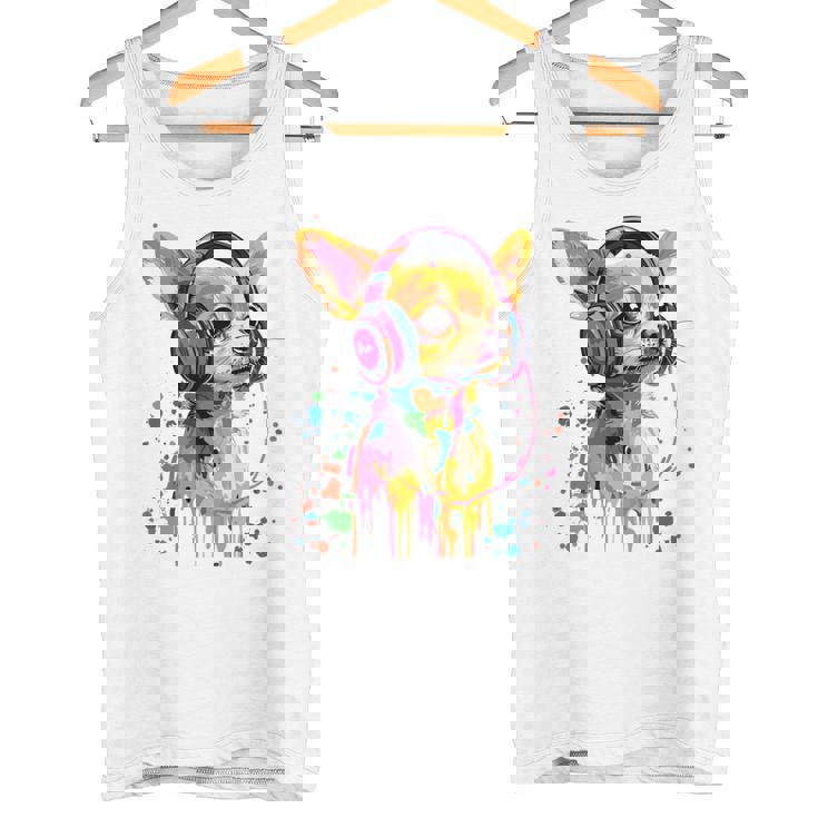 チワワの恋人 ポップアート ヘッドフォンを着て おもしろい チワワ 長袖tシャツ タンクトップ