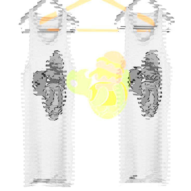 ハンバーガーを食べるかわいいカメ 面白いハンバーガー 長袖tシャツ タンクトップ