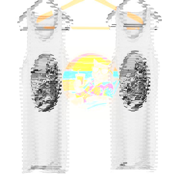 ビーチでドリンクを飲みながらリラックスできるレトロなヴィンテージクールな猫 長袖tシャツ タンクトップ