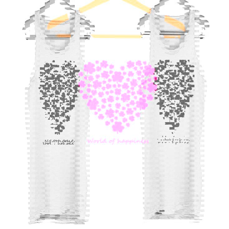世界中の幸せを願う 可愛い ハート ピンク クローバー 反戦 平和 バックプリント タンクトップ