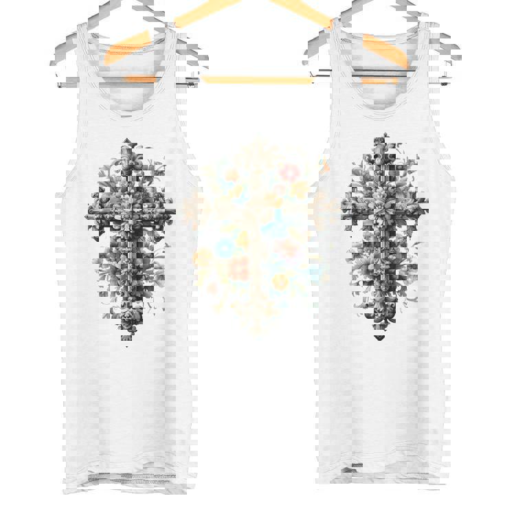 十字架 スピリチュアル キリスト 花 イエス 信仰 十字架 十字架 長袖tシャツ タンクトップ