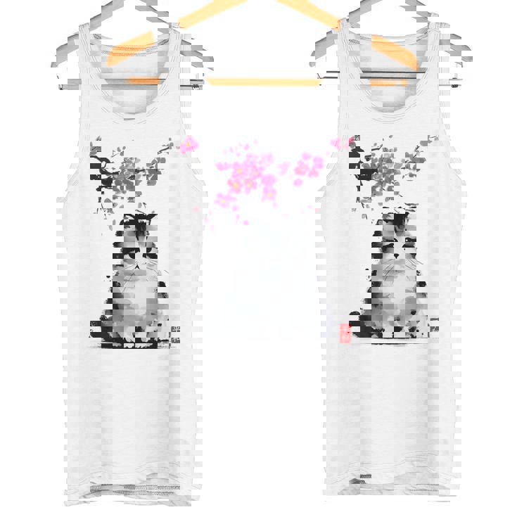 日本の墨絵マンチキン猫 桜 桜アート タンクトップ