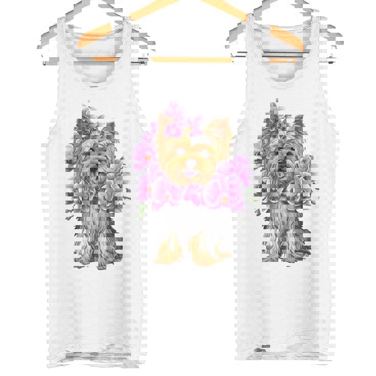 花を持つヨークシャー テリア 長袖tシャツ タンクトップ