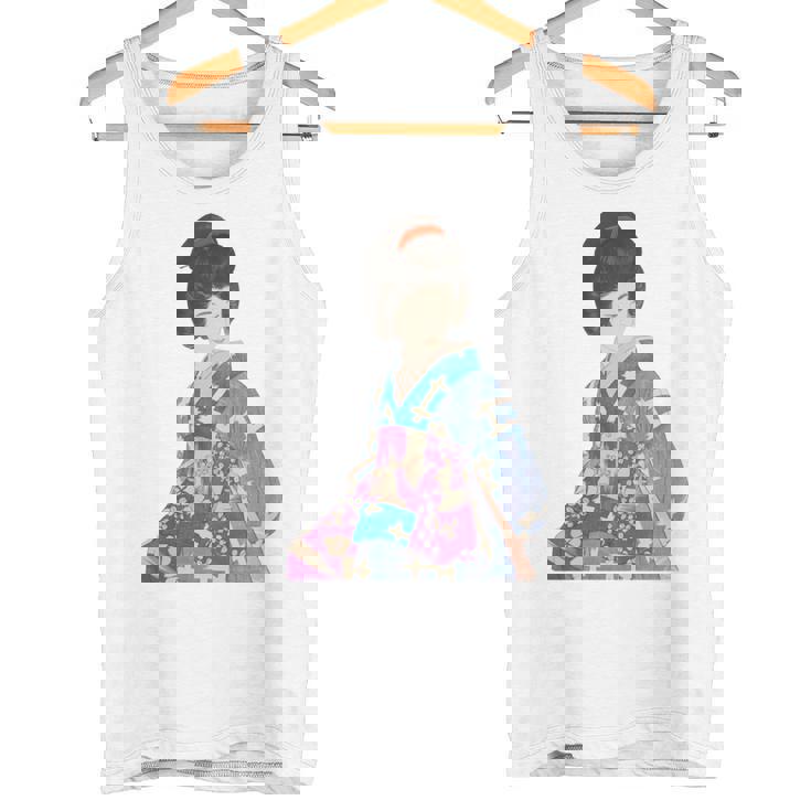 青い着物を着た美しい芸者 日本画 鳥居 言人 帯 美人画 新版画 日本画 長袖tシャツ タンクトップ