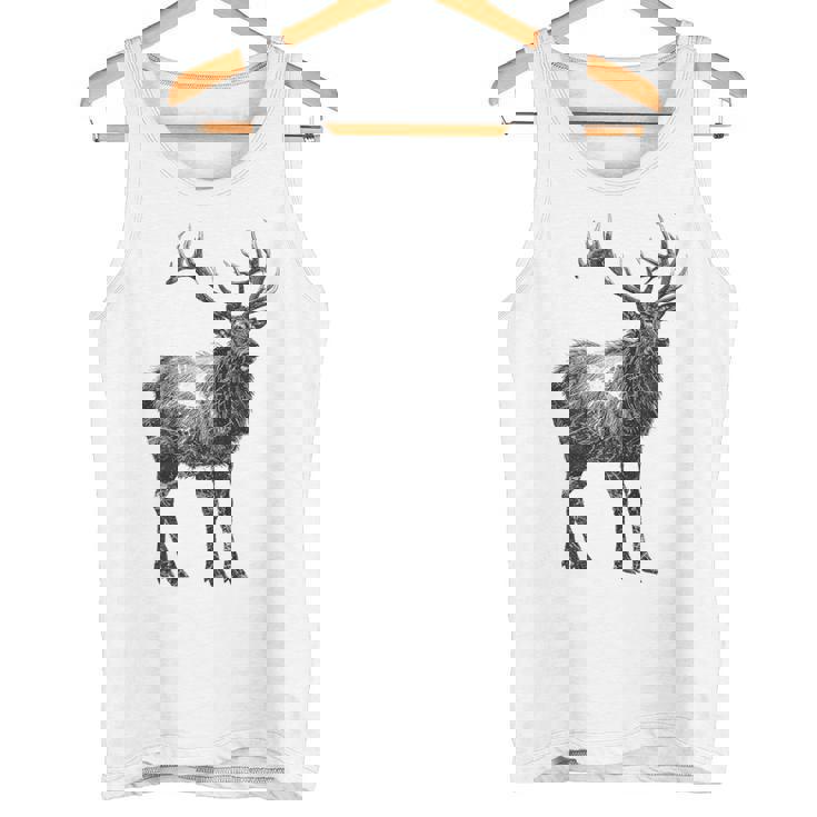 鹿 動物 プリント モチーフ 図面 イラスト ポートレート 鹿 タンクトップ