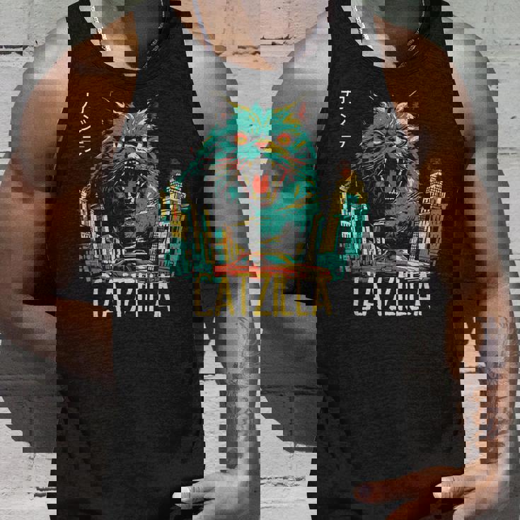 Catzilla ビンテージ 面白い かわいい 猫 アート タンクトップ 彼への贈り物