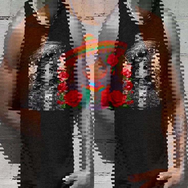 Long Haired Curvy Mexican Chibi Zarape Roses Mexican Pride タンクトップ 彼への贈り物