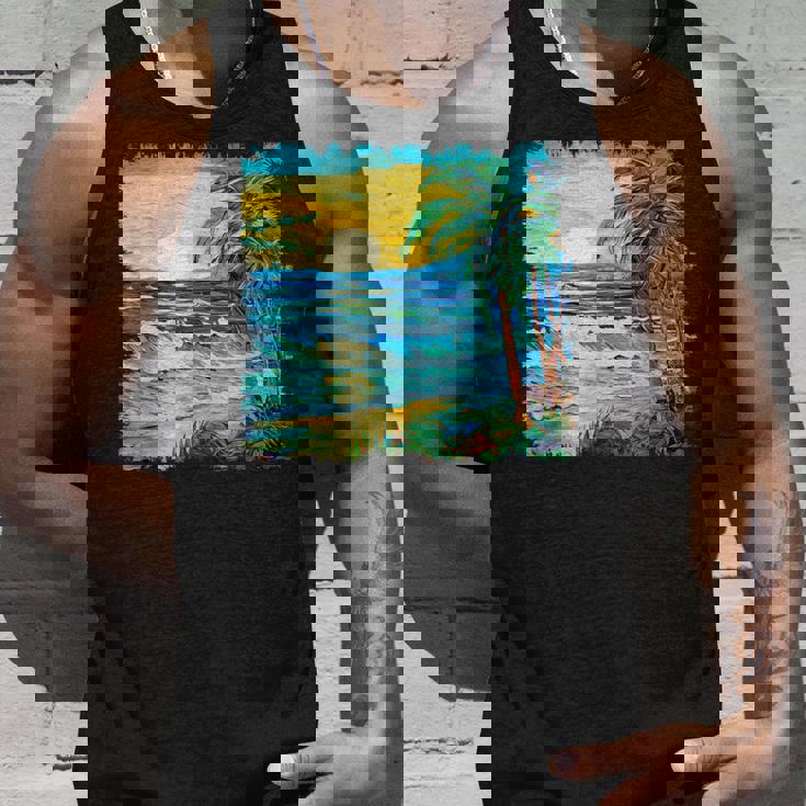 トロピカルビーチ 太陽 オーシャン ヤシの木 ゴッホスタイル アートデザイン タンクトップ 彼への贈り物