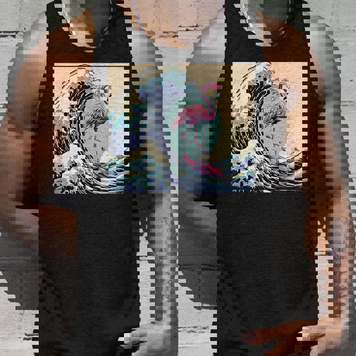 トロピカルピンク フラミンゴ グレートビッグウェーブサーファー オーシャンビーチ タンクトップ 彼への贈り物