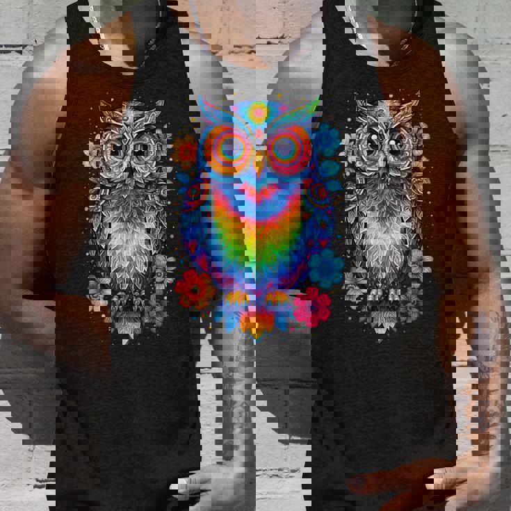 フクロウと花 カラフルなアートワーク フクロウの恋人 タンクトップ 彼への贈り物