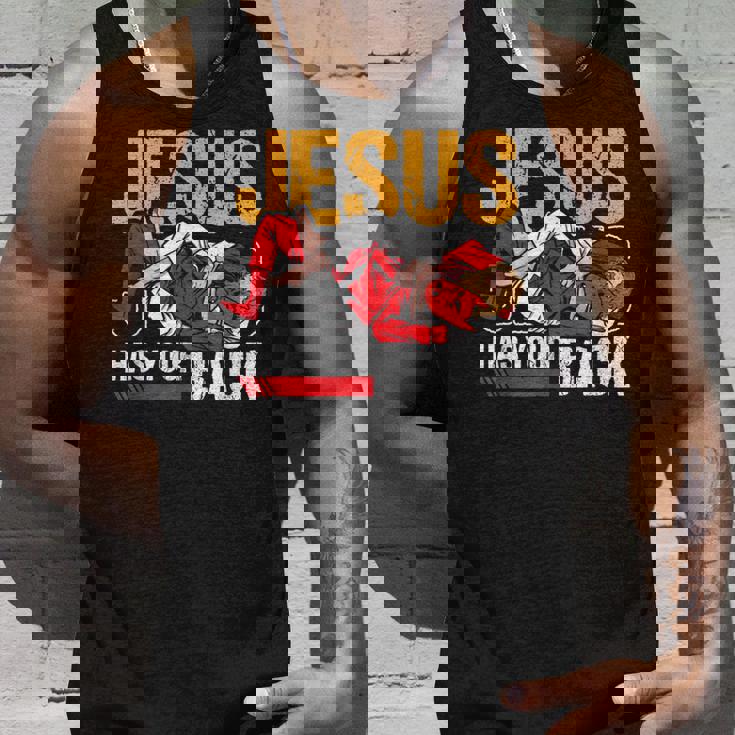 ブラジリアン柔術 ジーザス・ハズ・ユア・バック 面白いクリスチャンbjj タンクトップ 彼への贈り物
