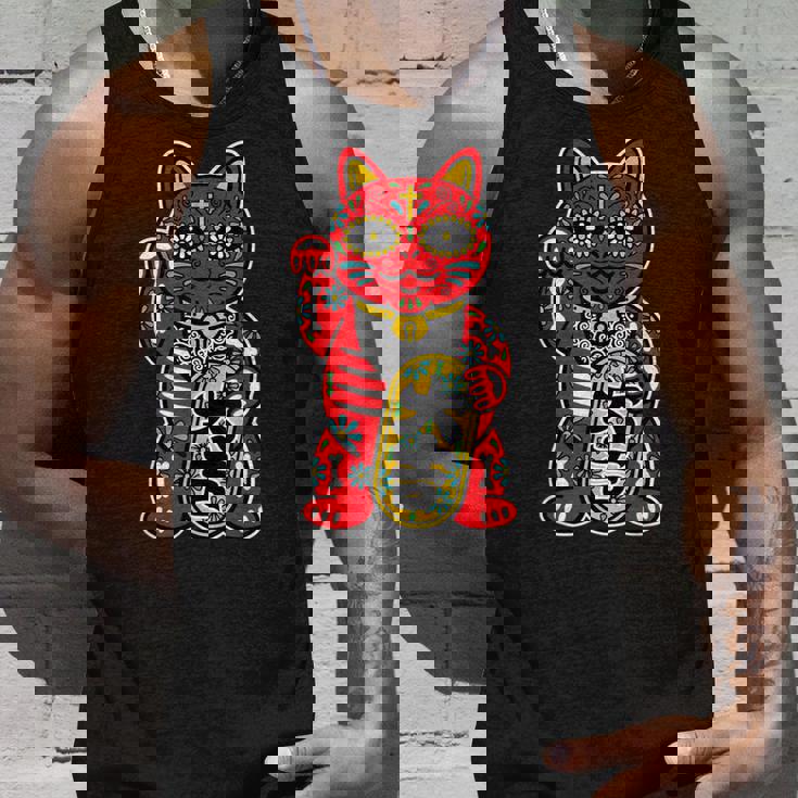 メキシコ 死者の日 と 招き猫 ネコ を組合わせた シュガー スカル キャット 赤 レッド 大吉 猫好き ねこマニア タンクトップ 彼への贈り物