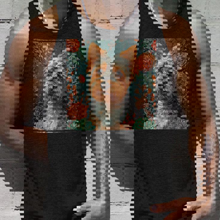 ヨークシャーテリア、ボーホースタイルのグラフィックの周りに多肉植物が描かれています。 タンクトップ 彼への贈り物