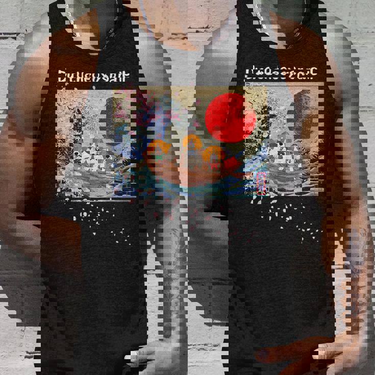 日本 版画 ダッチ デコイ スパニエル デコピン 神奈川の波 海 桜 タンクトップ 彼への贈り物