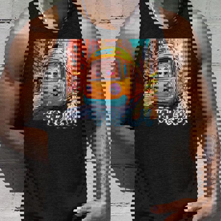 路面電車 Tram かわいい乗り物 おもちゃの乗り物 漫画風電車 鉄道ファン 鉄道旅行 鉄道模型ファン 鉄道風景 タンクトップ 彼への贈り物