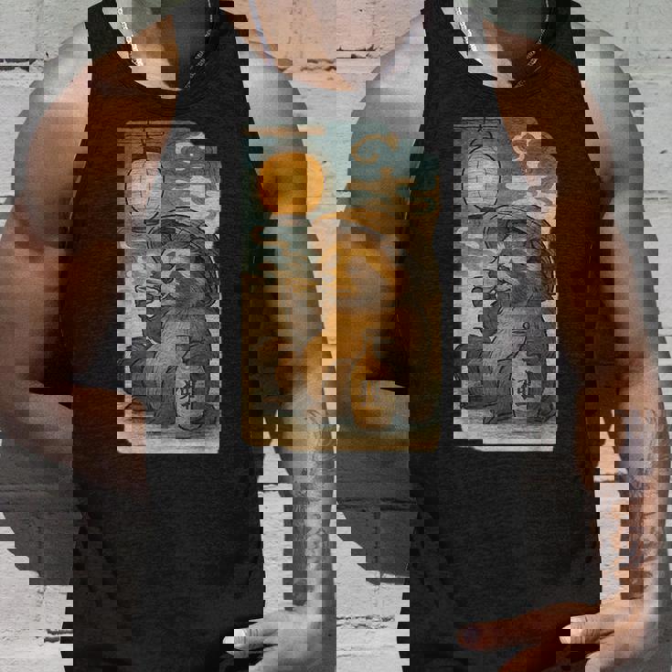 麦わら帽子をかぶったたぬき・酒・提灯・浮世絵風 タンクトップ 彼への贈り物