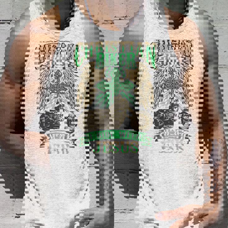 キリスト教バイカーライドウィズジーザスオートバイバックプリントデザイン タンクトップ 彼への贈り物