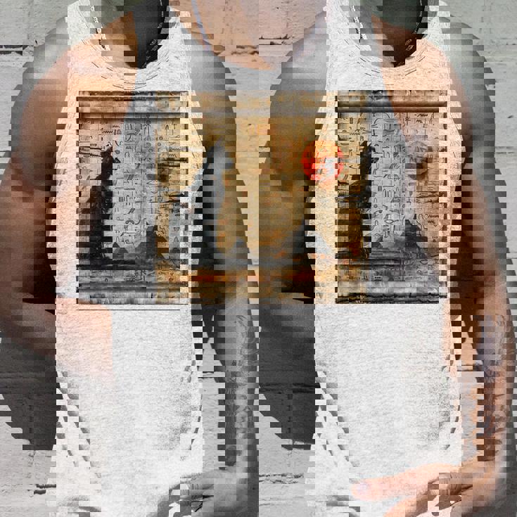 サンセット ピラミッド パピルス スクロール 砂漠 エジプトアート 猫 長袖tシャツ タンクトップ 彼への贈り物