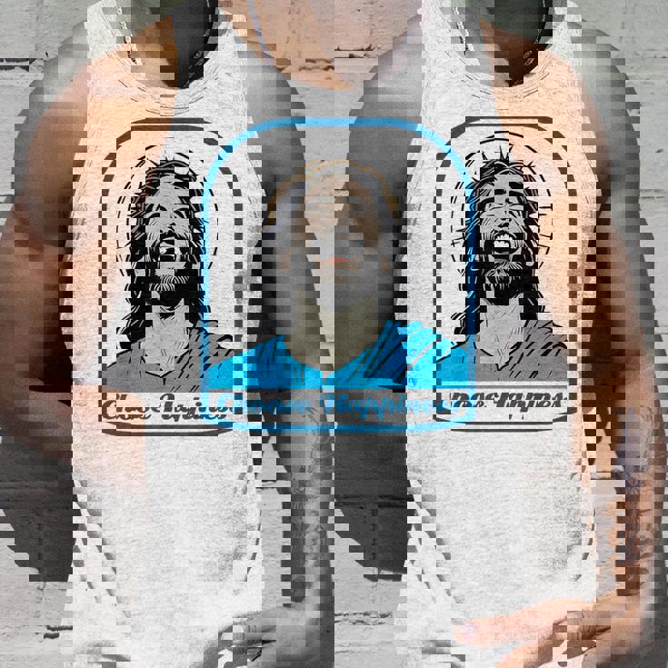 笑うイエス キリスト 喜び 幸せな笑顔 自信 いばらの冠 満足感 クリスマスプレゼント 贈り物 お土産 ポジティブ タンクトップ 彼への贈り物