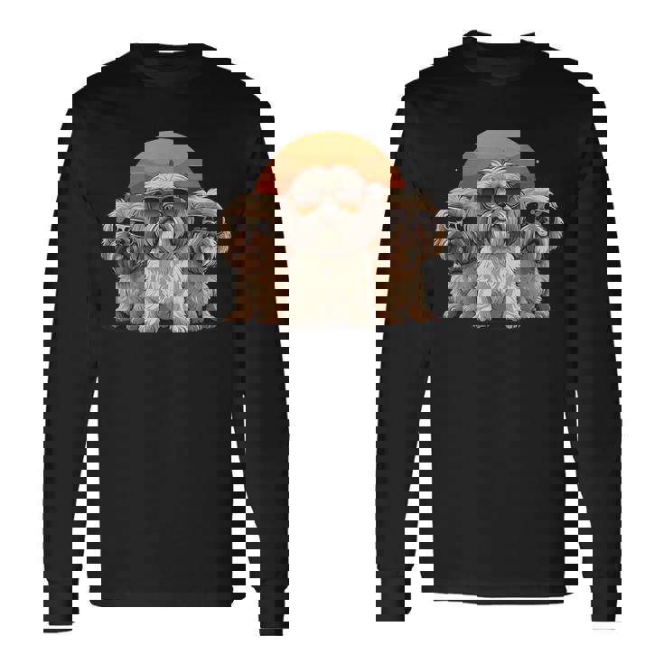 3匹のかわいい犬 ラサ・アプソ シーズー クール サングラス付き 長袖Tシャツ