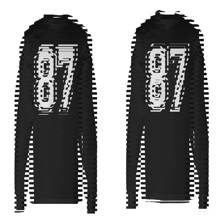 87番の前面と背面にホワイトのプリント。 長袖Tシャツ