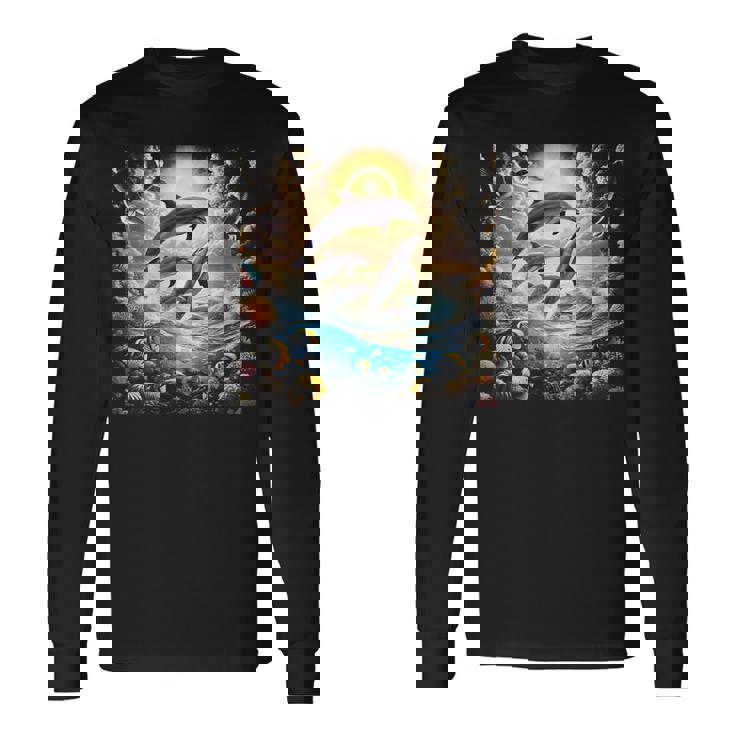 90年代イルカ、アロハ ハワイアン イルカ、カラフルなビーチ 長袖Tシャツ