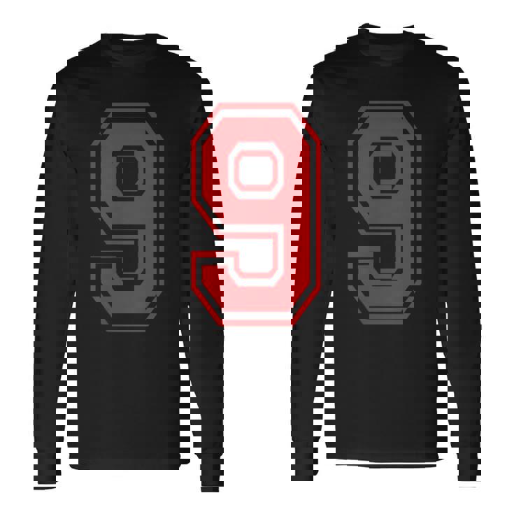 9番のスポーツスタイル。赤。 長袖Tシャツ