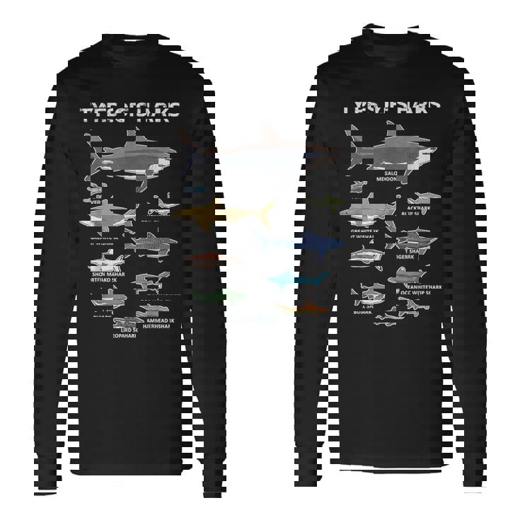 9種類のサメ教育カラフルな海英語 長袖Tシャツ