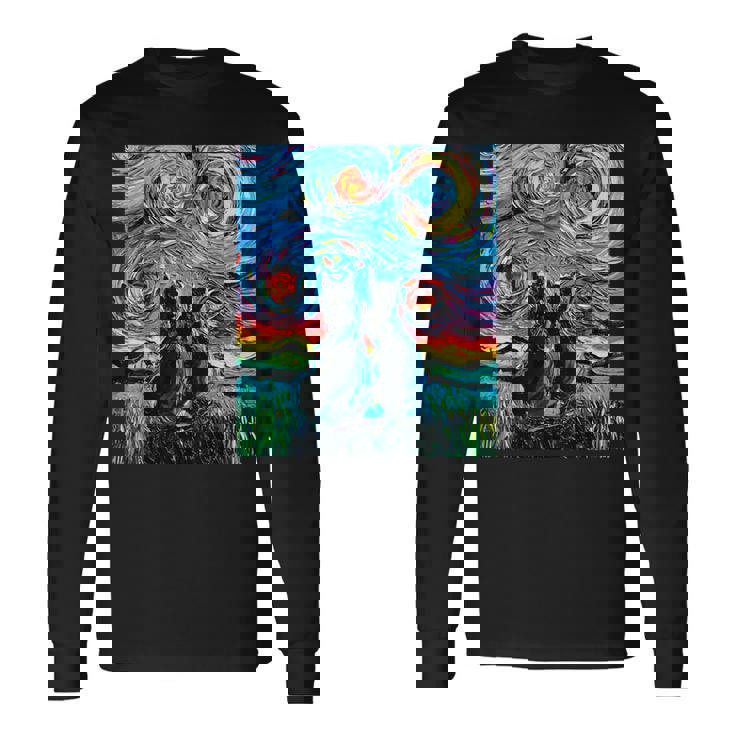 Aja 星月夜に2匹の黒猫 カラフルアート 長袖Tシャツ