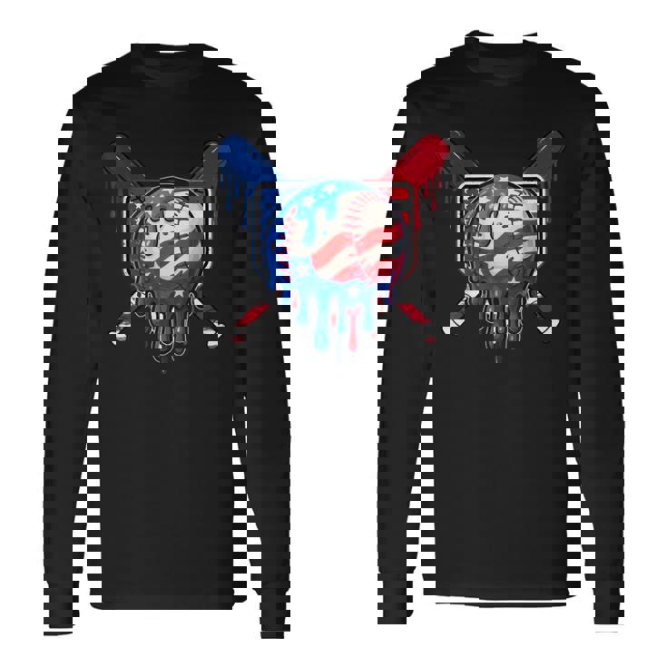 Baseball Drip Boys Dripping Ice Cream Baseball American Flag Long Sleeve T-Shirt