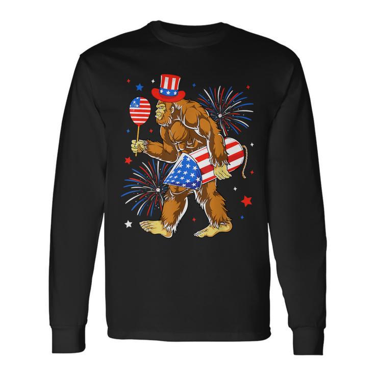 Bigfoot Fireworks Shirt 4th Of July Sasquatch American Flag Long