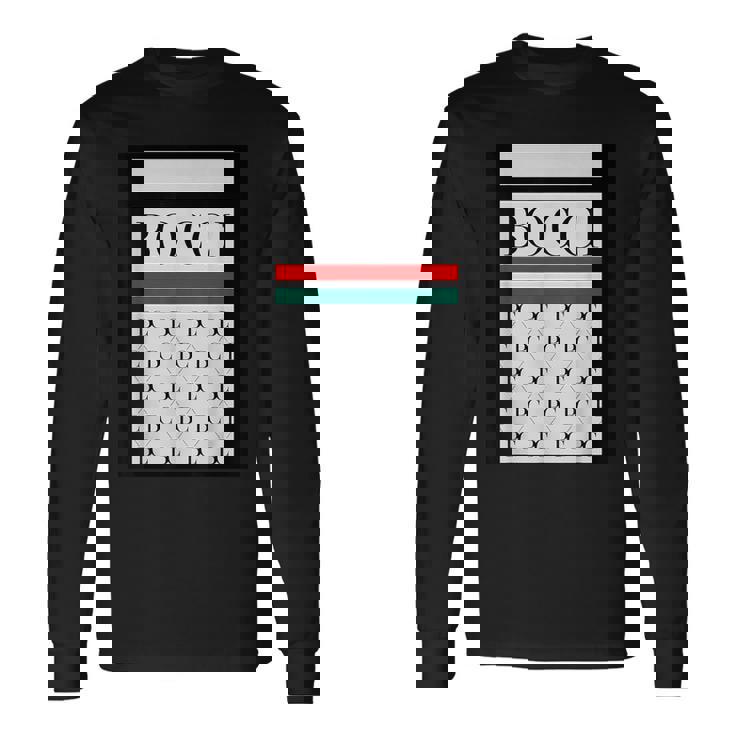 Bocci ぼっち ロゴ 総柄 緑 赤 イタリア国旗風【変なデザイン屋さん】陰キャ オタク ブランド パロディ 面白 長袖Tシャツ