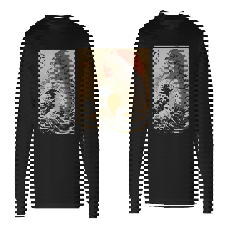Catzilla 日本の波 ヴィンテージ 夕日 面白い 猫 アート 長袖Tシャツ ギフトのアイデア