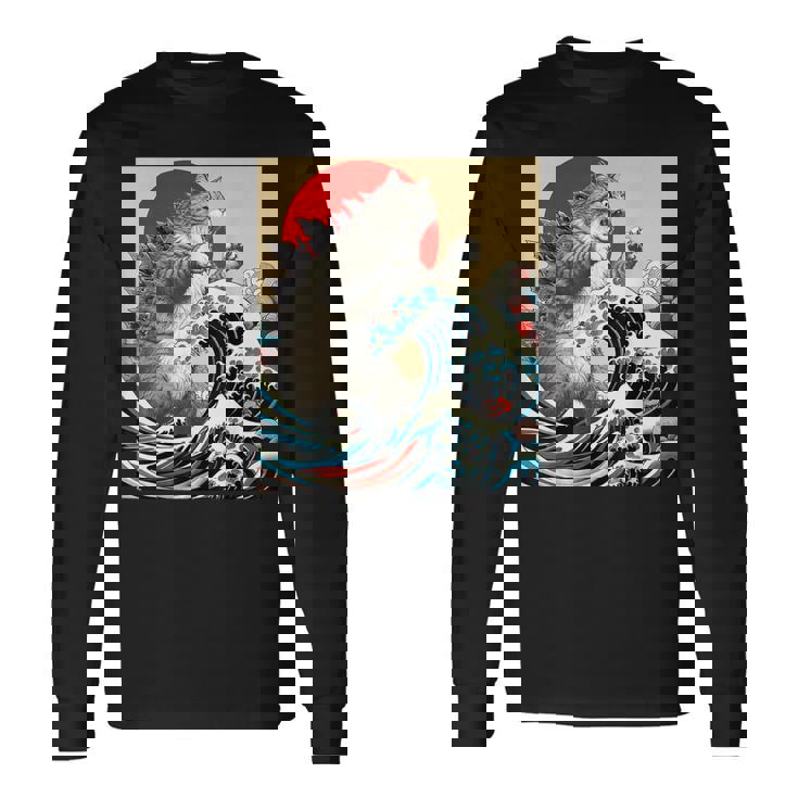 Catzilla 猫日本美術面白い猫 長袖Tシャツ