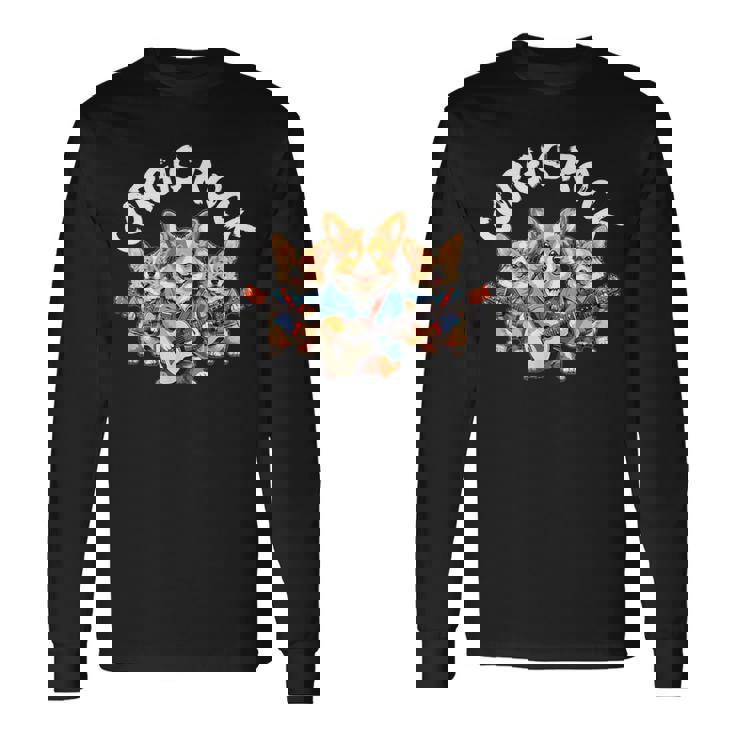 Corgis Rock かわいいコーギー犬トリオ ロックアウト ギターを弾く 長袖Tシャツ