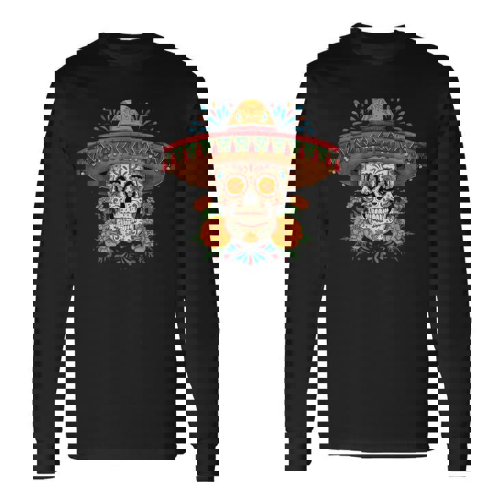 Dia De Los Muertos スカルとマリーゴールド 長袖Tシャツ