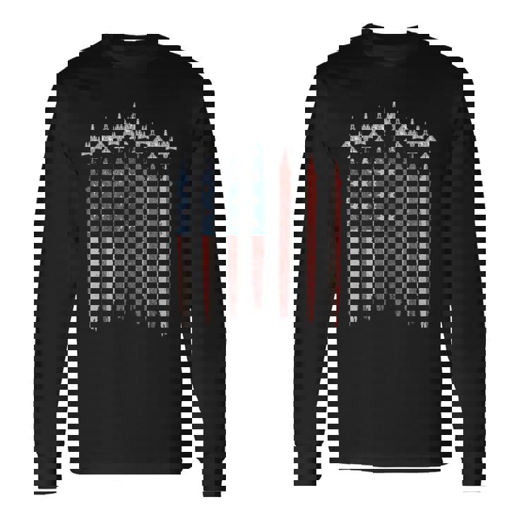 F4 ファントムファイタージェット アメリカ国旗 飛行機 F-4 7月4日 長袖Tシャツ