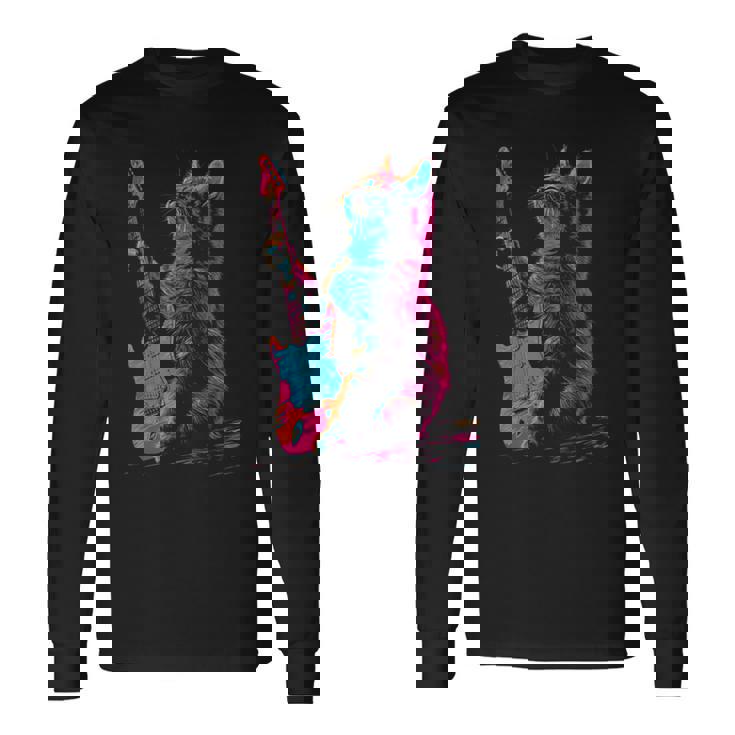 Feline Groove ロックギター 猫デザイン 音楽愛好家向け 長袖Tシャツ