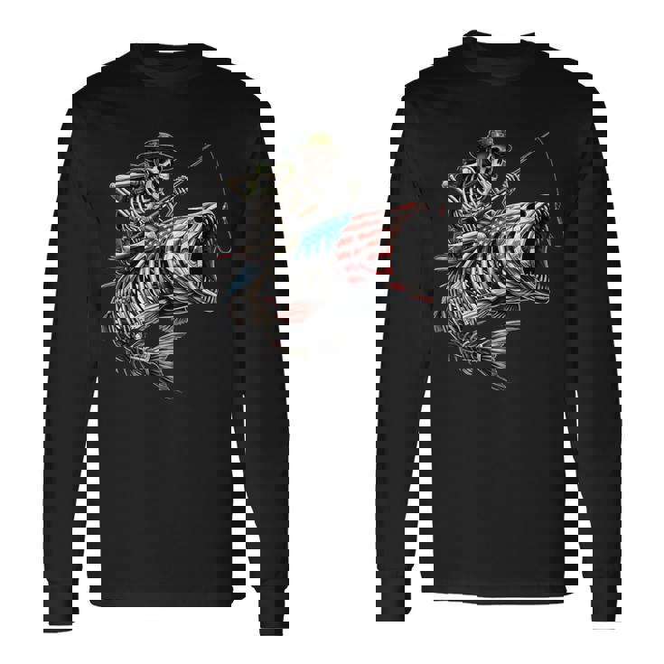 Fishing American Flag Bass Fish Skull Skeleton Fisherman Long Sleeve T-Shirt