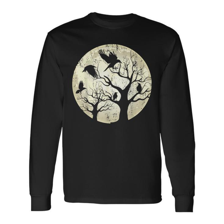Forêt Arbre Lune Oiseaux Gothique Noir Terrifiant Corbeau T-shirt à manches longues
