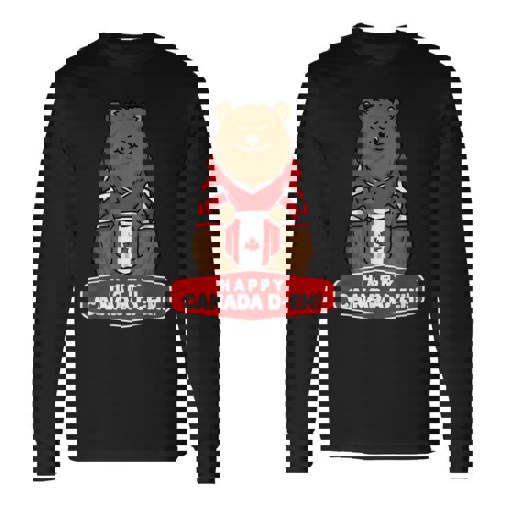 Happy Canada Day 面白いカナダのクマの旗 長袖Tシャツ