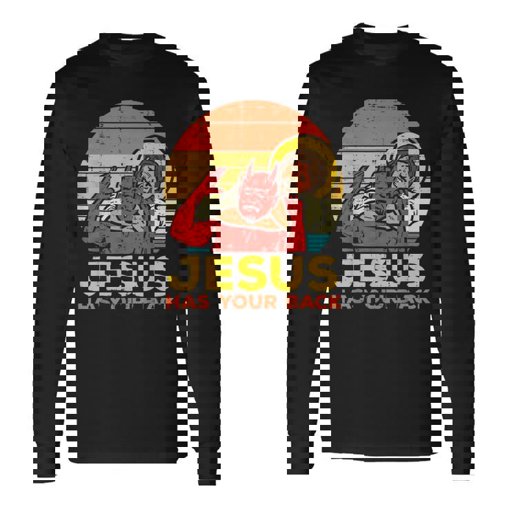 Jesus Has Your Back 柔術 レトロ クリスチャン 長袖Tシャツ