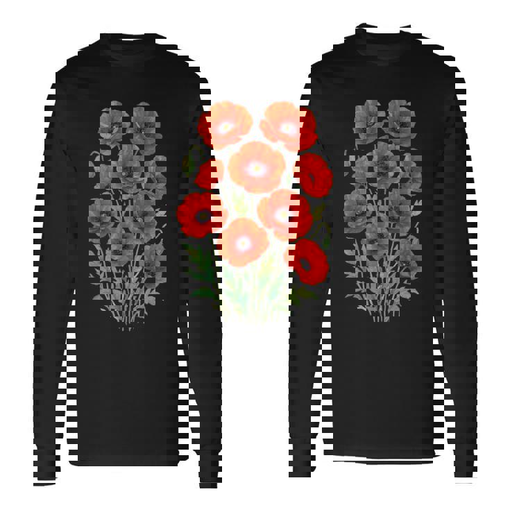 Jolies Fleurs Coquelicots Rouges En Pleine Floraison Formes Blanches Mania T-shirt à manches longues