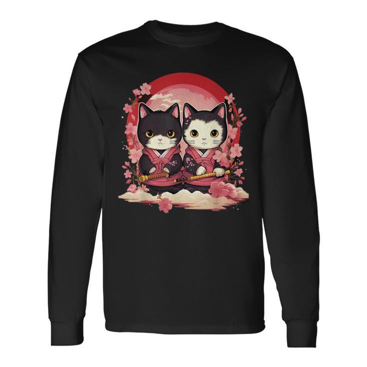 Kawaii Japonés Parejasamurai Ninja Gatos Guerrero Arte Camiseta de manga larga