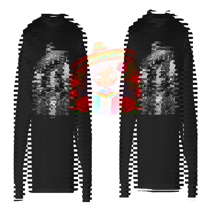 Long Haired Curvy Mexican Chibi Zarape Roses Mexican Pride 長袖Tシャツ