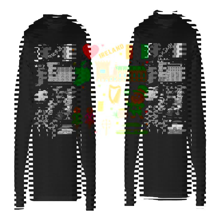 I Love Ireland。手描きアイルランドのランドマーク、旗、地図 長袖Tシャツ