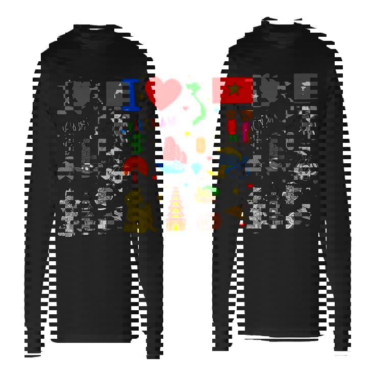I Loveietnam手描き ベトナムのランドマーク、旗、地図 長袖Tシャツ