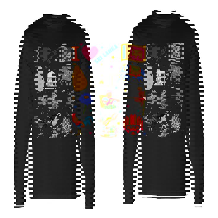 I Loveri Lanka 手描きのスリランカのランドマーク、旗、地図 長袖Tシャツ